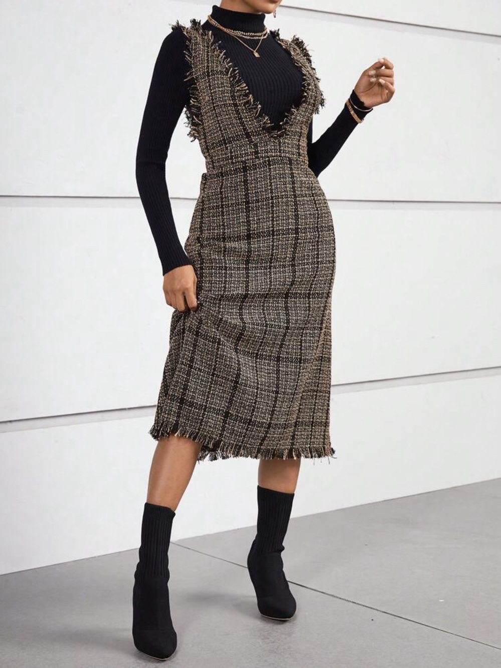 SHEIN Privé Plaid Print Raw Trim Overall Dress.